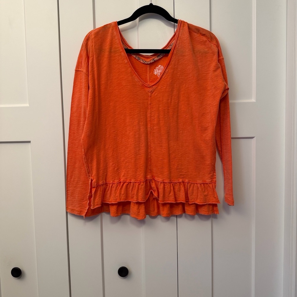 Anthropologie Bright Orange Long-Sleeve V-Neck Top with Ruffle Hem